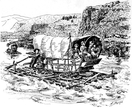 A wagon lashed to a raft for the last stage of the emigration.