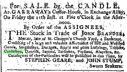 1756 advertisement mentioning "corderoys"