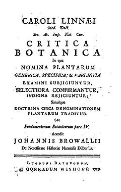 A Critica Botanica (1737) első kiadásának címlapja