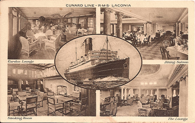 An early postcard depicting the lounge, the garden lounge, the dining salon, and the smoking room on the Laconia