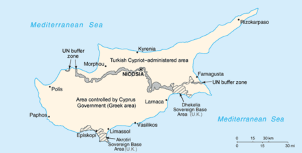 Map showing the division of Cyprus
