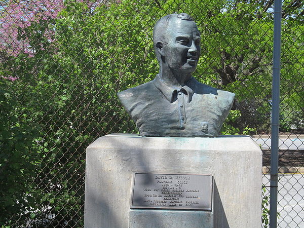 A bust of David M. Nelson at Delaware Stadium and plaque commemorating his record as head coach, National Championship, and College Football Hall of F
