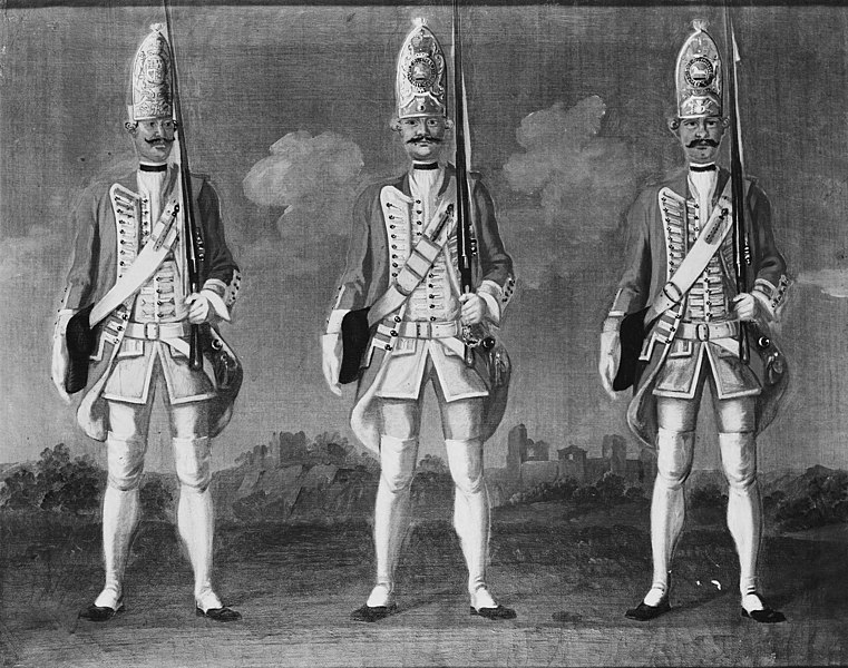 File:David Morier (1705^-70) - Grenadiers, Infantry Regiments 7A "Wangenheim", 5A "Grote" and 6B "Soubiron" - RCIN 406836 - Royal Collection.jpg