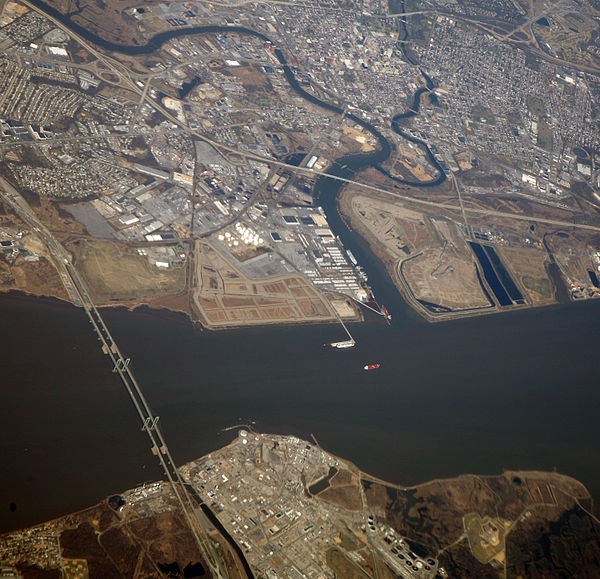 Aerial image of Delaware Memorial Bridge (left), Wilmington, Delaware (top right), 2012