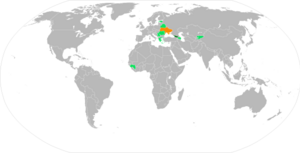 Карта стран, из которых происходят легионеры «Десны». Тёмно-зелёным обозначены страны, откуда в команде играло пять или более футболистов, светло-зелёным — менее пяти.
