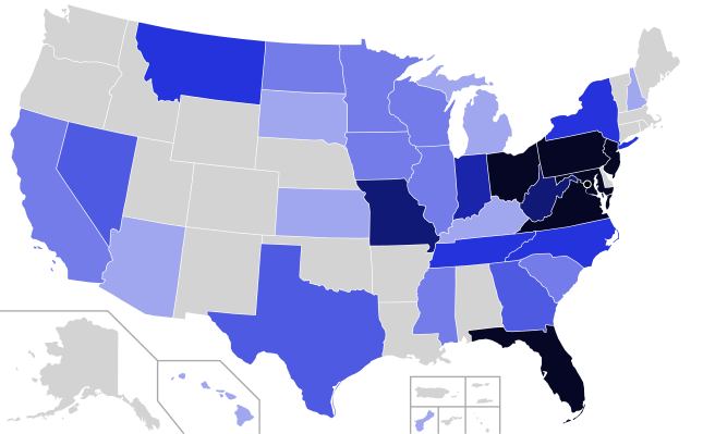 Map of trips made by Donald Trump within the United States in 2018:
.mw-parser-output .legend{page-break-inside:avoid;break-inside:avoid-column}.mw-parser-output .legend-color{display:inline-block;min-width:1.25em;height:1.25em;line-height:1.25;margin:1px 0;text-align:center;border:1px solid black;background-color:transparent;color:black}.mw-parser-output .legend-text{}
Washington, D.C.
7 or more visits
6 visits
5 visits
4 visits
3 visits
2 visits
1 visit
No visits Domestic trips made by Donald Trump in 2018.svg