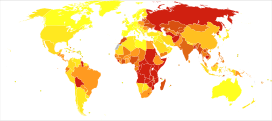 Disability-adjusted life years (DALY) lost from Drowning in 2012 per million males.   297-1,134   1,165-2,319   2,339-2,679   2,720-2,720   2,746-2,853   3,071-5,093   5,157-6,141   6,157-6,157   6,158-8,841   8,933-17,923 * Countries are divided approximately by population into ten groups. * Dependencies of France, United Kingdom, United States of America, The Netherlands and Denmark are grouped with their respective countries.