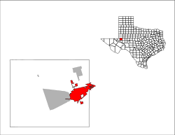 テキサス州におけるエクター郡の位置（右上図）と同郡におけるオデッサの位置