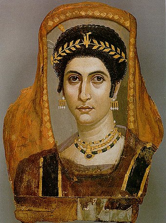 This Fayum mummy portrait shows a woman wearing a golden wreath, c. AD 100–110.