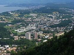 Langnau sijaitsee Zürichinjärven länsipuolella.