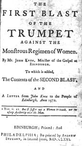 Title page of John Knox's The First Blast from a 1766 edition with modernised spelling Firstblast.jpg