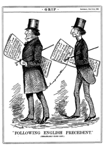 Cartoon depicting John A. Macdonald and William Ewart Gladstone, comparing the Electoral Franchise Act to British law, presumably including the Representation of the People Act 1884 or Redistribution of Seats Act 1885