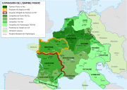 Carte du royaume d'Austrasie mérovingienne (vert le plus sombre), Metz fut sa capitale de 511 à 751.