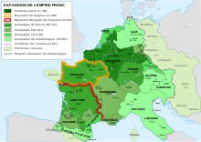 Carte des royaumes francs de 481 à 814, en vert foncé le territoire initial, en vert moyen les conquêtes de Clovis et Pépin le Bref, en vert clair celles de Charlemagne