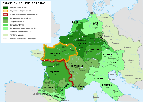Carte des royaumes francs; les conquêtes sur Siagrius, les Wisigoths et en Germanie sont datées.