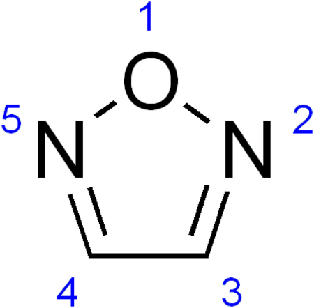 Skeletal formula of furazan with numbering convention for substituent groups