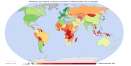 Greenhouse gas intensity in the year 2000, including land-use change. GHG intensity 2000.svg