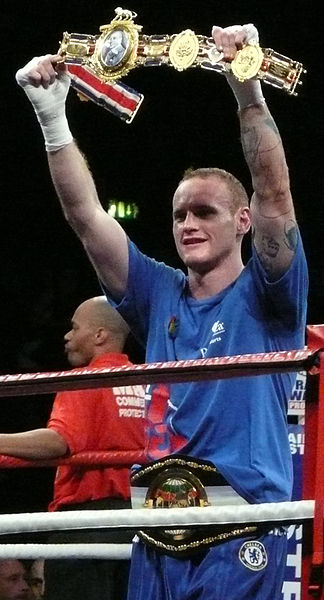 George Groves displays the Lonsdale belt presented by the BBBofC. Picture is changed to a portrait of Lord Lonsdale, replacing the two boxers in the o
