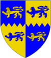 Arms of Gregory Cromwell, 1st Baron Cromwell: Quarterly, per fess, indented, azure and or, four lions passant counterchanged