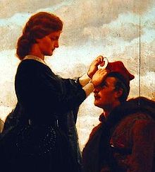 A woman fastening a red-and-white cockade to a Polish insurgent's square-shaped rogatywka cap during the January Uprising of 1863-64 Grottger-pozegnanie fragm.jpg