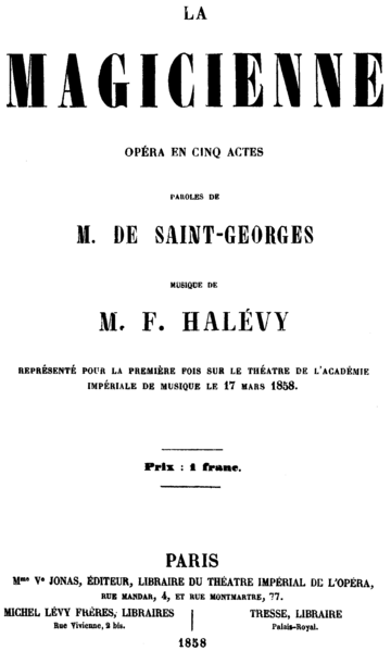 File:Halévy - La magicienne - title page of the libretto, Paris 1858.png