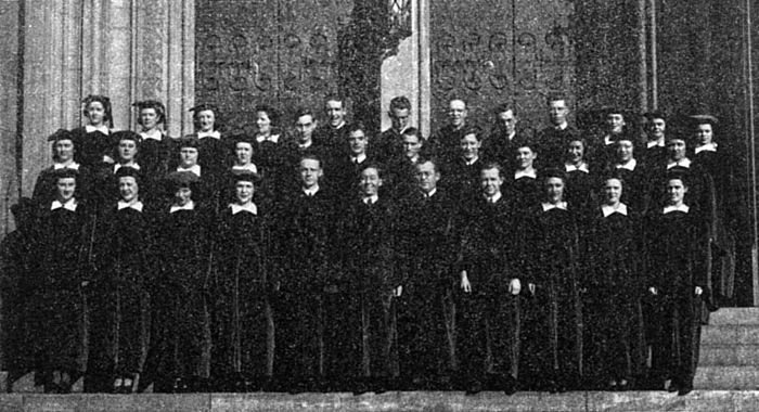 The Heinz Chapel Choir on the steps of Heinz Memorial Chapel during the 1938-39 school year, the first year the chapel was opened