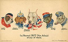 A 1915 political cartoon about the United States neutrality I am neutral but not afraid of any of them 1915.jpg