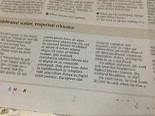 Greeking in the form of a lorem ipsum placeholder text that was inadvertently published in The Straits Times, a Singapore newspaper, on 26 April 2014 Inadvertent greeking in The Straits Times (26 April 2014), Singapore - 20140428.jpg