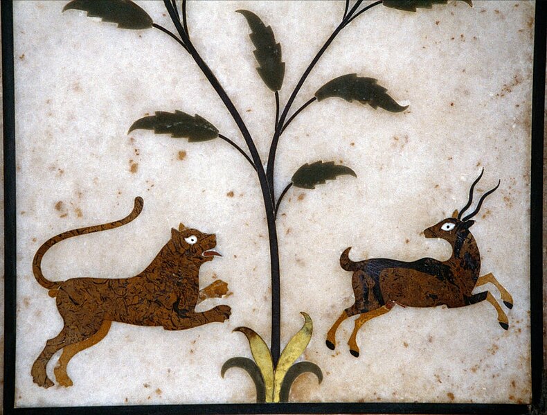 File:Inlaid stone art (jaratkari) from the walls of the Golden Temple shrine in Amritsar depicting a predatory cat hunting an antelope.jpg