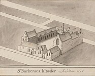 Sint Barbaraklooster in Amsterdam in 1545 label QS:Len,"Sint Barbaraklooster in Amsterdam in 1545" label QS:Lpl,"Klasztor św. Barbary w Amsterdamie w 1545 r." 1725-1727. drawing. Dimensions unknown. Amsterdam, Stadsarchief Amsterdam.