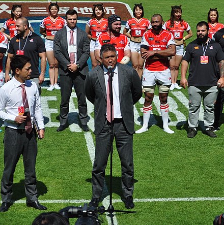 Jamie Joseph giving a speech at a Sunwolves match on 12 May 2018
