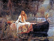 A painting of a red haired woman, sitting in a boat, surrounded by trees.