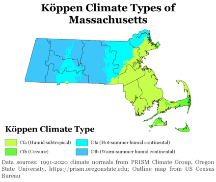 Koppen climate of Massachusetts