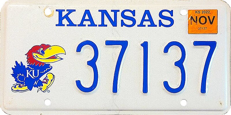 File:Kansas License Plate KU Embossed 2022 - Photo Credits to J Kevin Kitzman.jpg