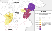 Répartition des Ladins par commune en 2011 dans les provinces du Sud-Tyrol et de Trente.