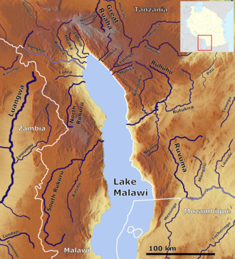 The Mbaka (top left center) Lake Malawie Tanzania OSM.png