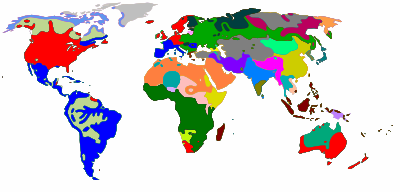 Verspreiding van die wêreld se belangrikste taalfamilies (alfabetiese volgorde)