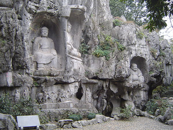 Rock reliefs at Feilai Feng; the panel at lower left depicts the pilgrims of the Journey to the West