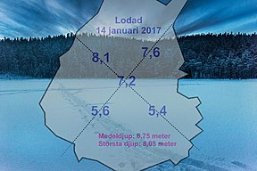 Resultatet av lodning av Lill-Abborrtjärnen i Vändåtbergets naturreservatet, den 14 januari 2017. Tjärnen i profil sedd norrut från Ytterberget som visas i bakgrunden.