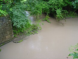 Die Mündung des Zimmerbaches (von links oben) in die Starzel (von links unten nach rechts oben) bei Hochwasser