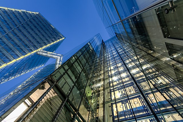Glass curtain walls on a contemporary German skyscraper
