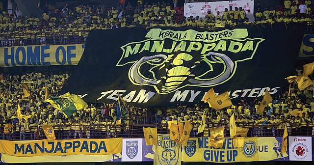 Fans of Kerala Blasters FC unfolding their tifo at Indian Super League