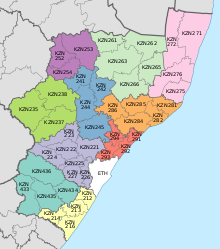Map of KwaZulu-Natal with districts shaded and municipalities numbered (2016).svg