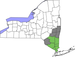 Municípios mais reconhecidos na região (verde);  condados parcialmente reconhecidos (cinza) [N 1]