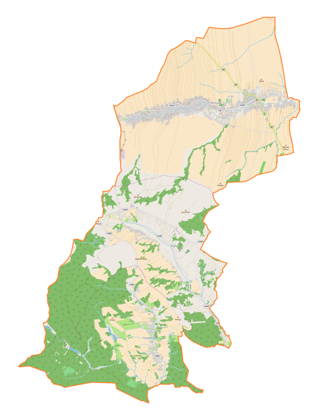 Mapa konturowa gminy Markowa, u góry nieco na prawo znajduje się punkt z opisem „Kościół Świętej Doroty”