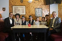 The Marsh Family with Linda and John Burn, Danielle Marsh's parents, at the Moth Club in Hackney, London, on 8 November 2021. From left to right, are Ben, Danielle, Thomas, Alfie, Tess, and Ella Marsh; and Linda and John Burn.