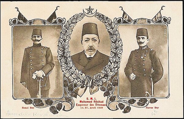 Postcard of Mehmed V flanked by Niyazi Bey (left) and Enver Bey (right)