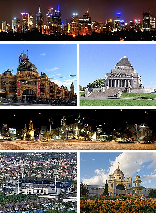 Haut : Panorama de la ville de Melbourne.Centre : Federation Square et la gare de Flinders street.Bas : Melbourne Cricket Ground.