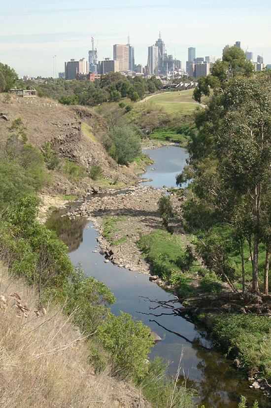 The Merri Creek passing through Fairfield and Clifton Hill with Melbourne city skyline in the distance.