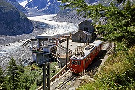 Train leaving Montenvers station by the Mer de Glace